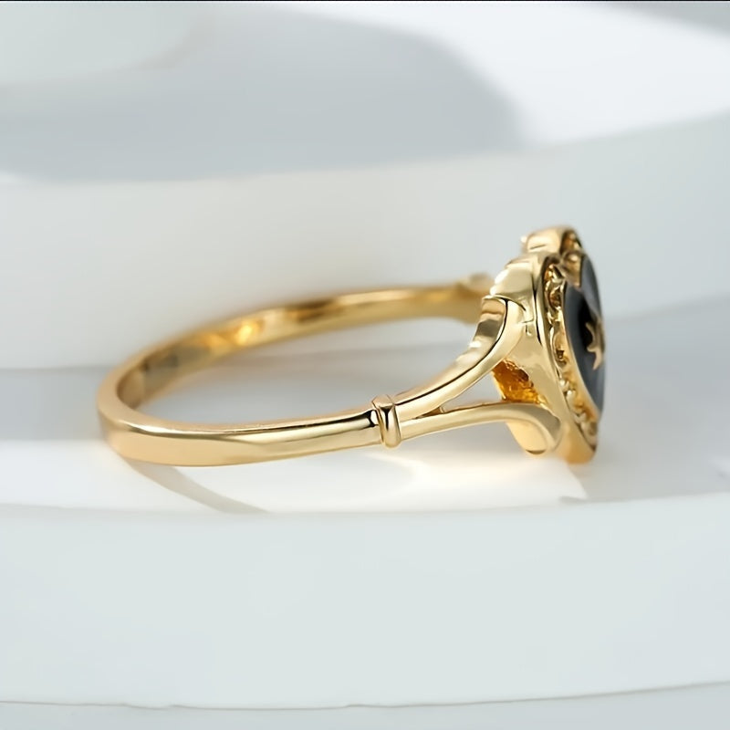 Bohemian Golden Sun Black Heart Design Paved Zirconia Ring