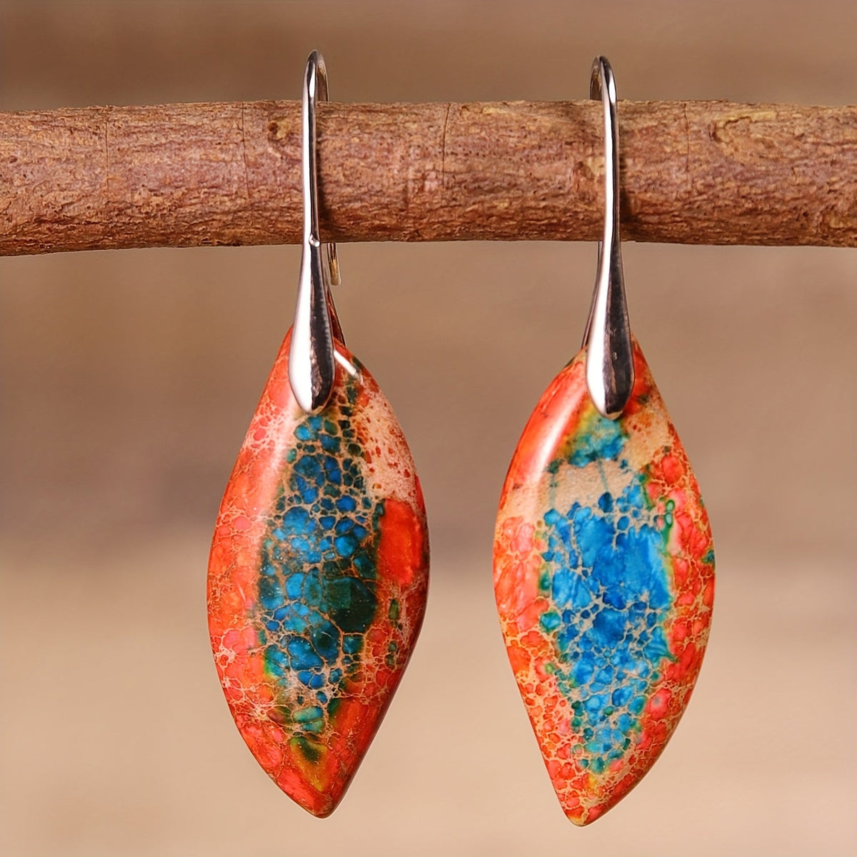 Orange and Blue Natural Stone Leaf Earrings