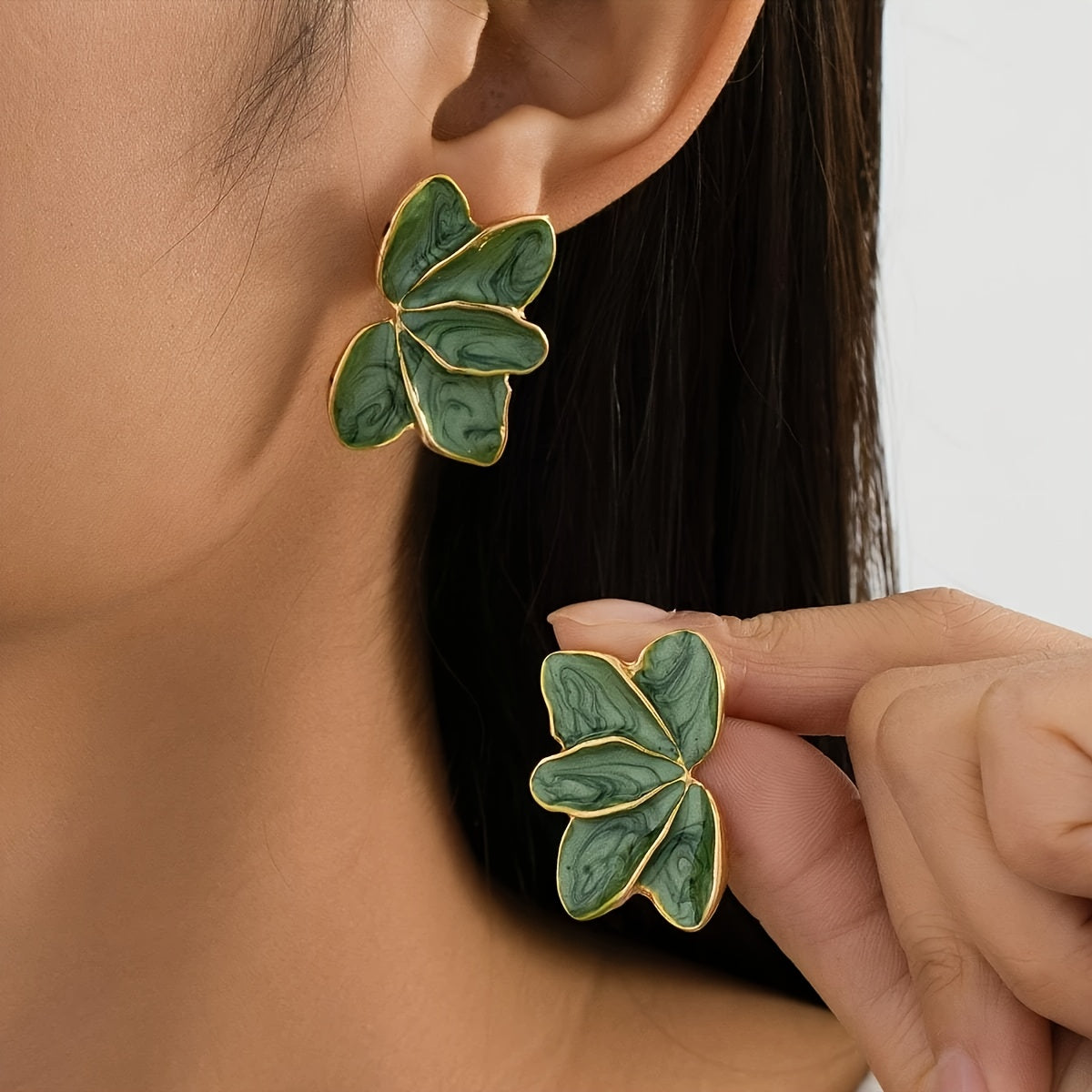Vintage Green Leaf Enamel Stud Earrings