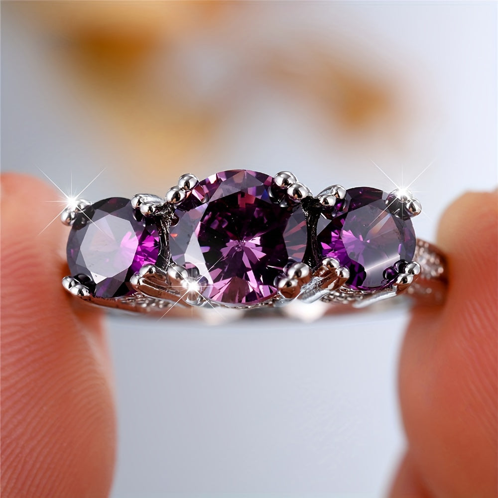 Three Stone Purple Round Zirconia Ring