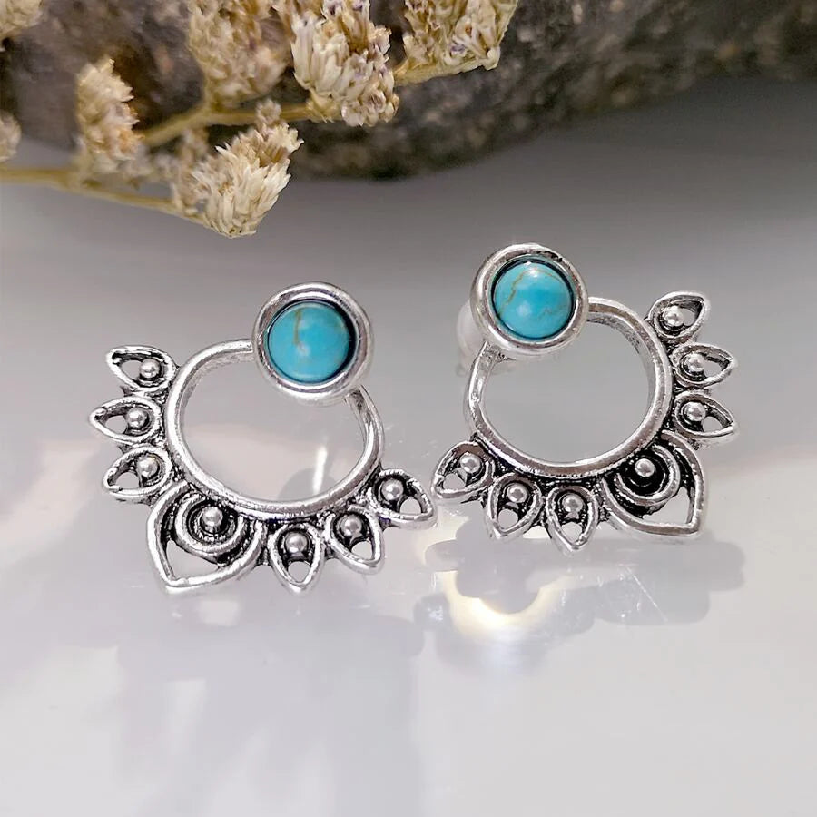 Vintage Turquoise Sunburst Stud Hoop Earring