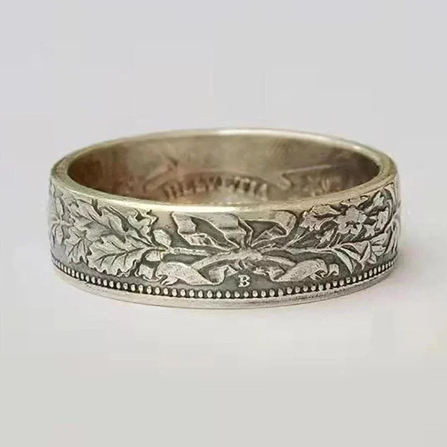Vintage Silver Plated Snowflake & Coin Pattern Ring