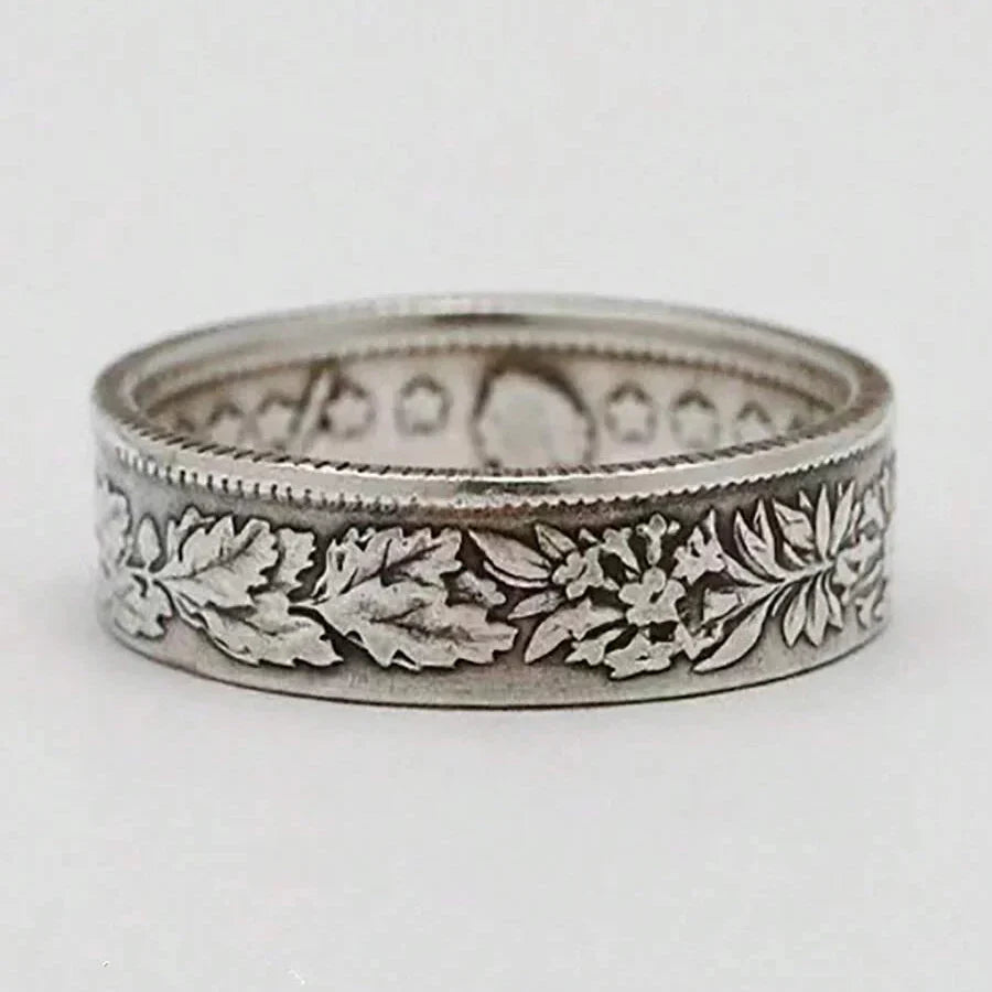 Vintage Silver Plated Snowflake & Coin Pattern Ring