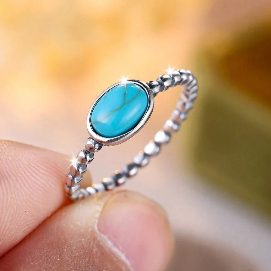 Bohemian Silver Plated Ellipse Turquoise Beaded Ring