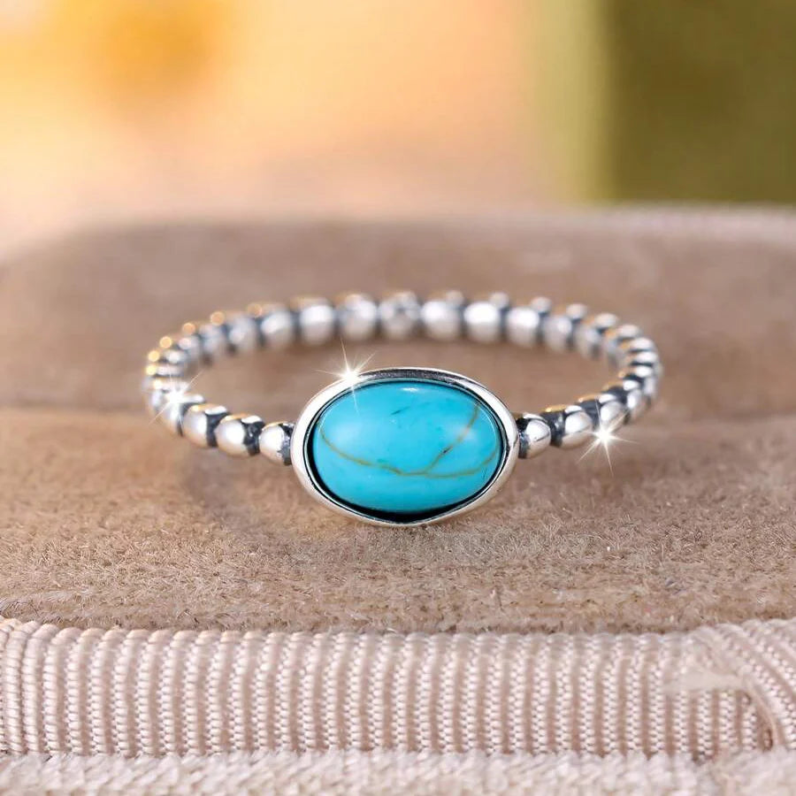 Bohemian Silver Plated Ellipse Turquoise Beaded Ring