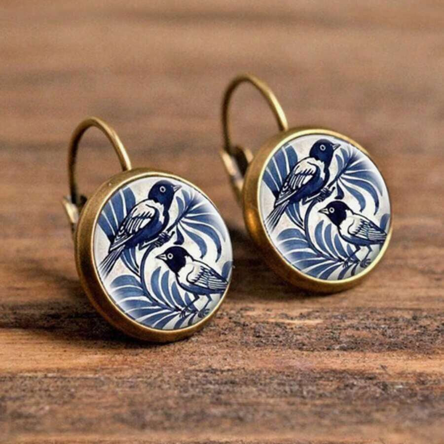 Blue Bird Shaped Round Hook Earrings