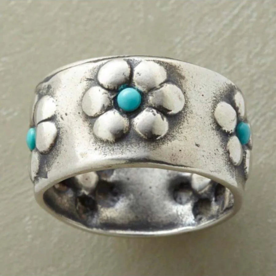 Bohemian Vibrant Silvery Flower Turquoise Wide Ring