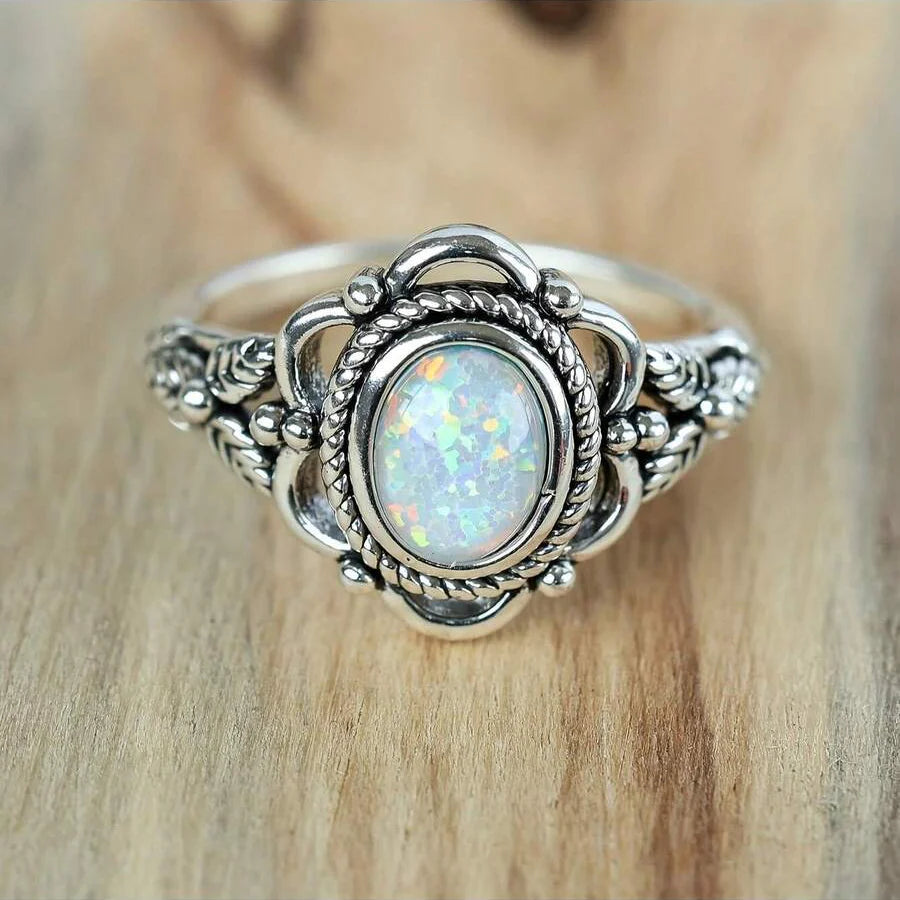 Silver Plated Opal Rhinestone Leaf Ring