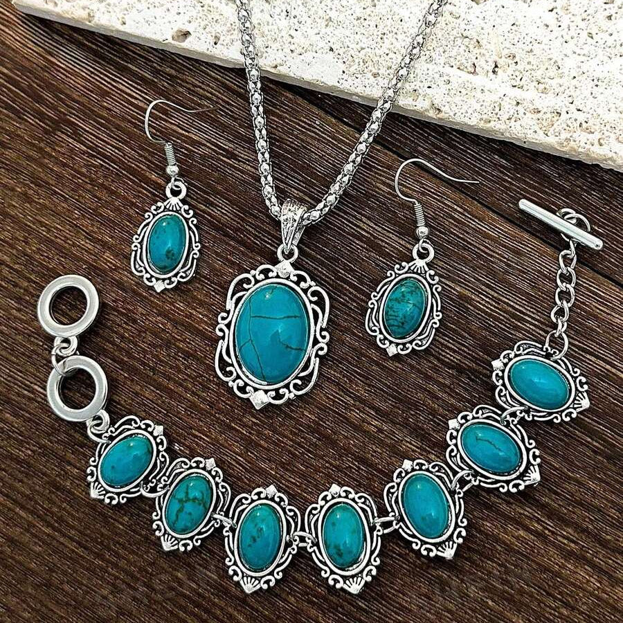 Turquoise Floral Geometric Pattern Jewelry Set