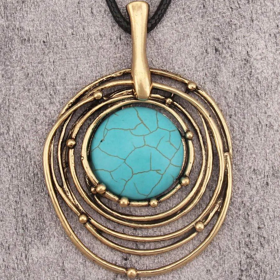 Classic Black Wax Cord Turquoise Stone Long Necklace