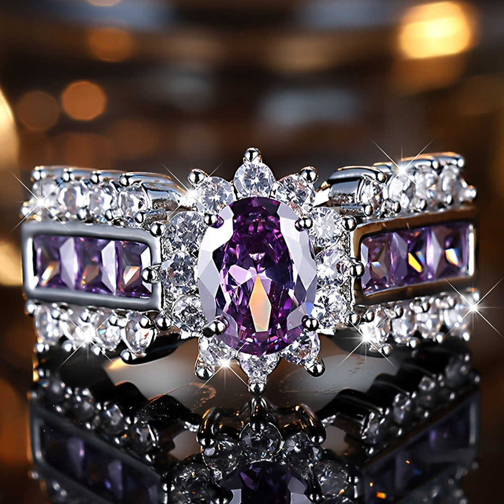 Silver Purple Oval Zirconia Stone Rings