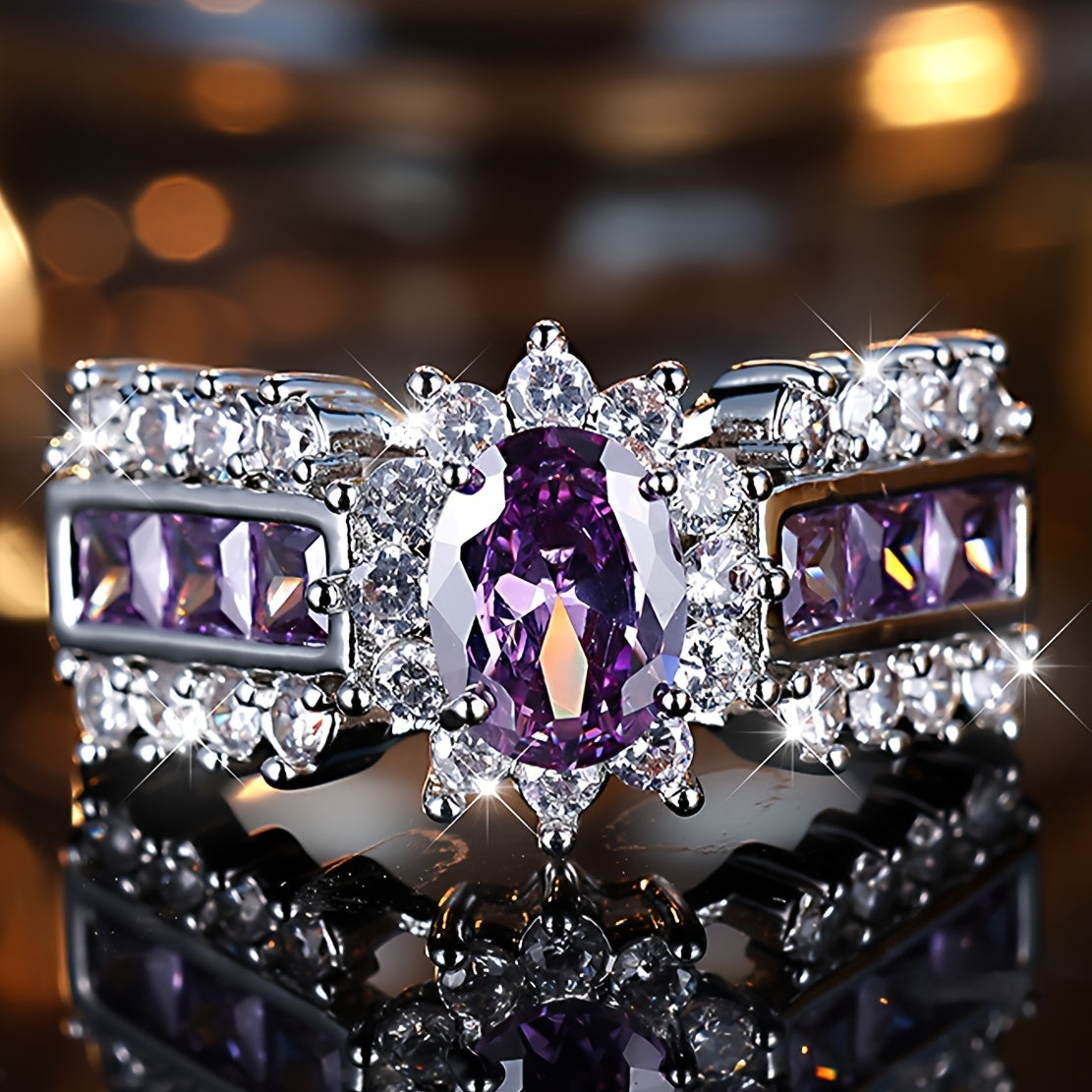 Silver Purple Oval Zirconia Stone Rings