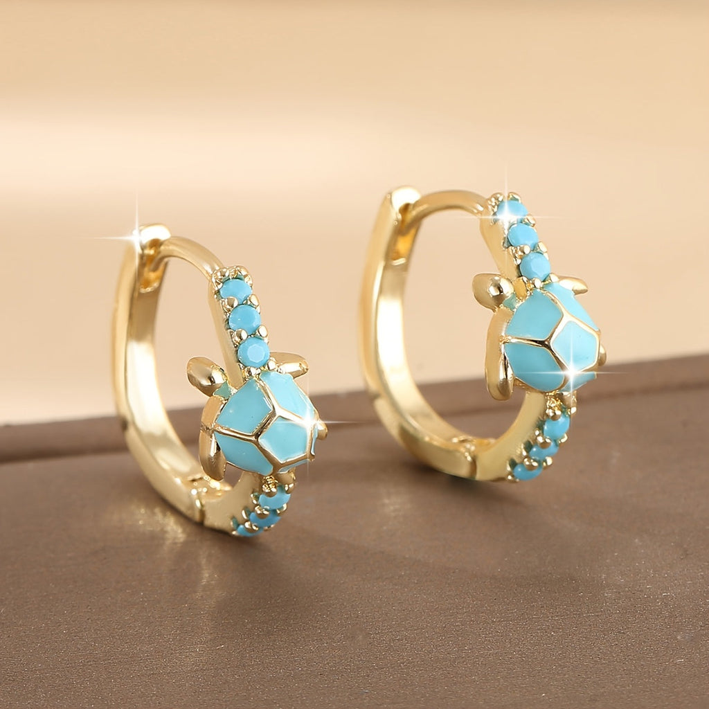Vintage Turquoise Turtle Round Hoop Earrings