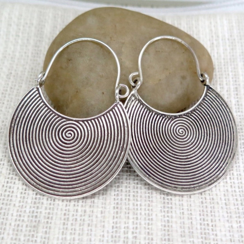 Bohemian Spiral Oxidized Dark Disc Silver Plated Earrings