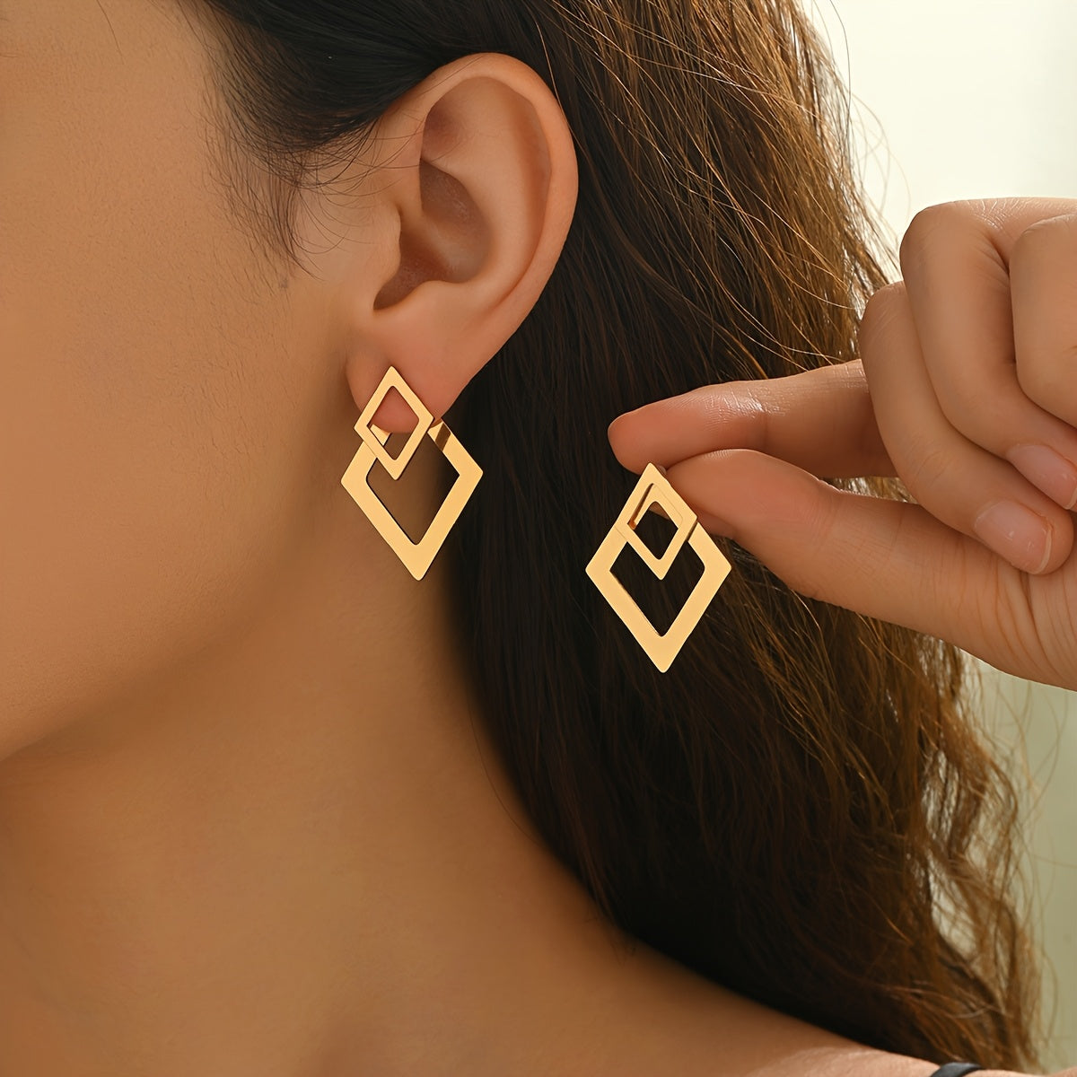 Elegant Double Rhombus Gold Statement Earrings