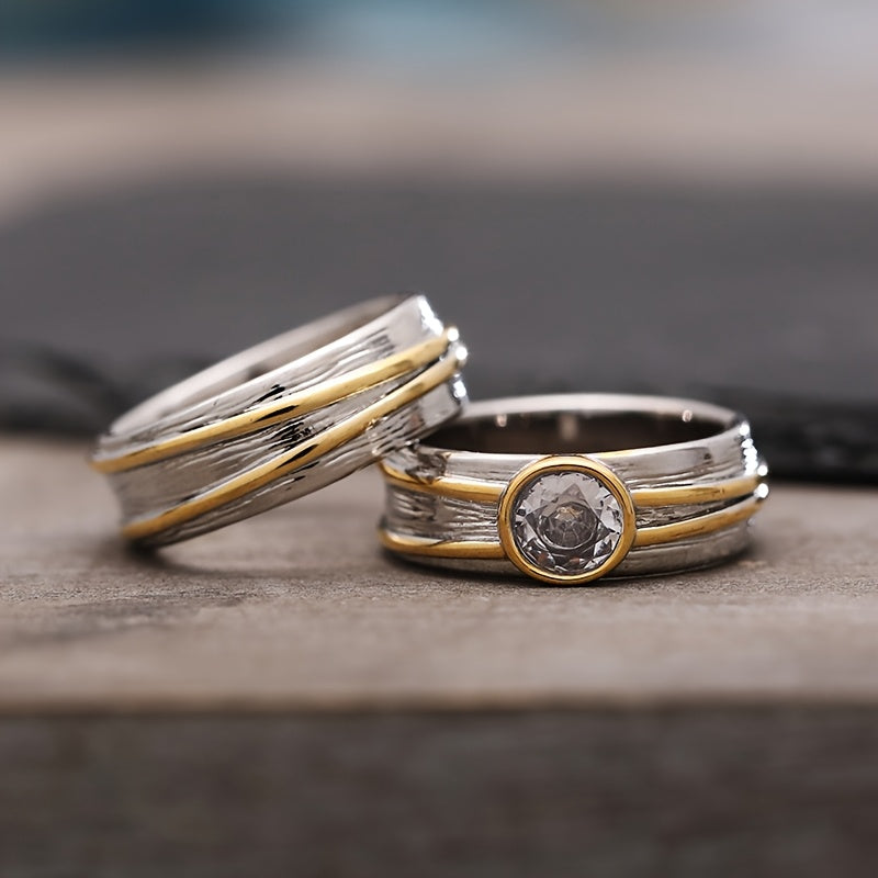 Bohemian Vintage Zirconia Wide Two-Tone Rings Set