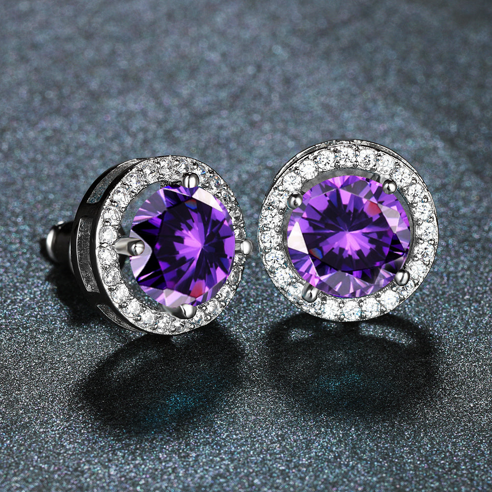 Round Cubic Purple Zirconia Stud Earrings