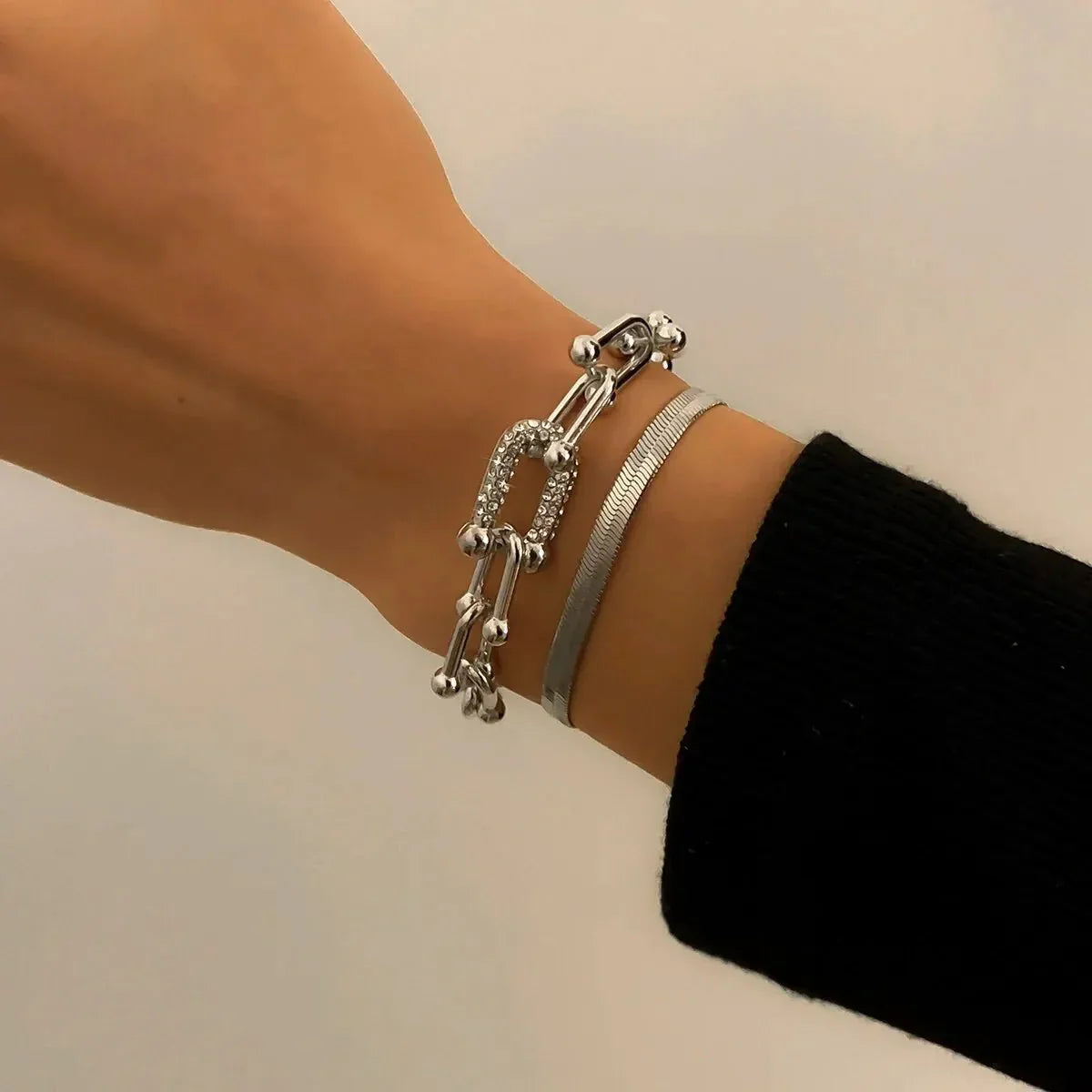 2Pc Statement Chain Lock & Herringbone Bracelet