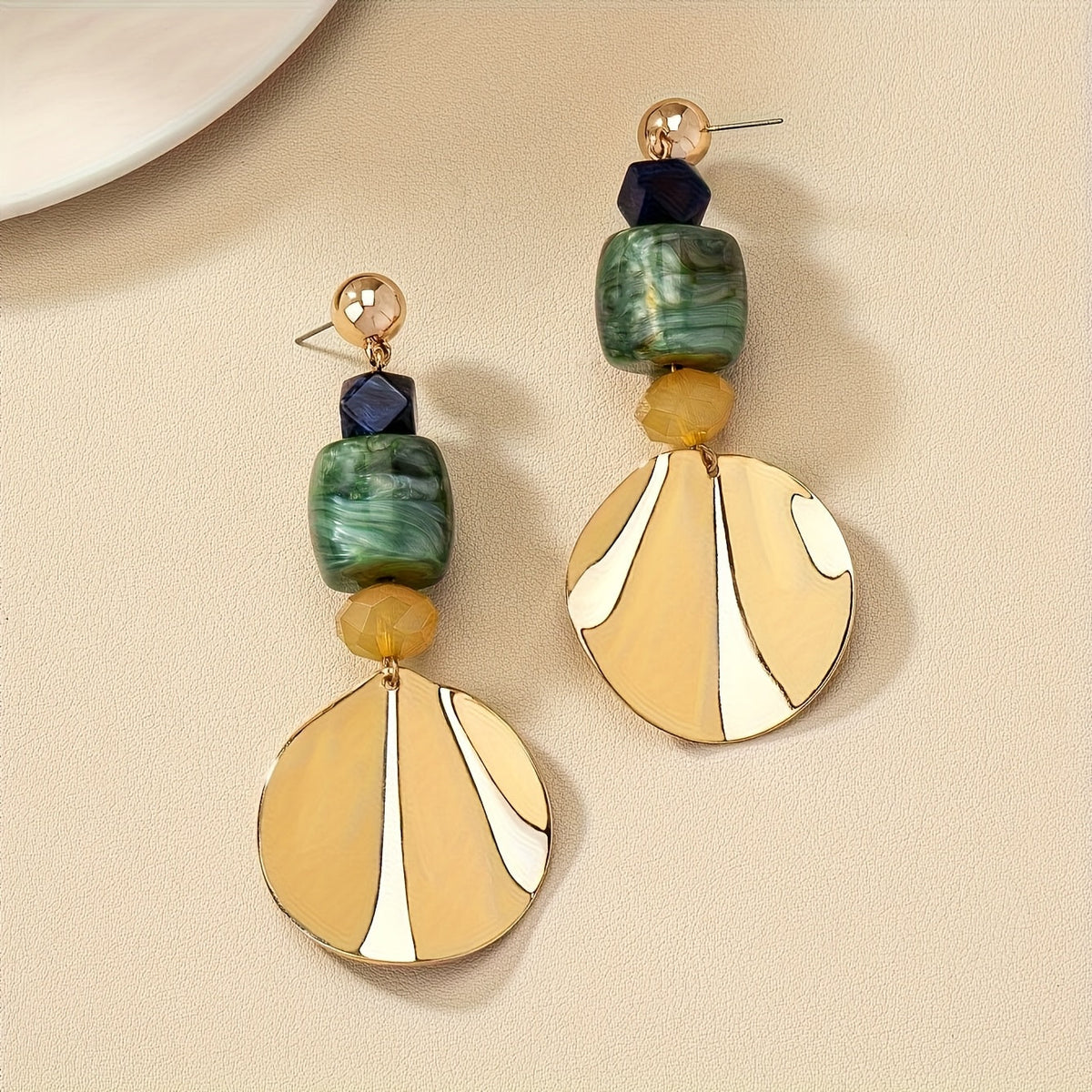 Gold Shell Disc & Green Stone Statement Drop Earrings