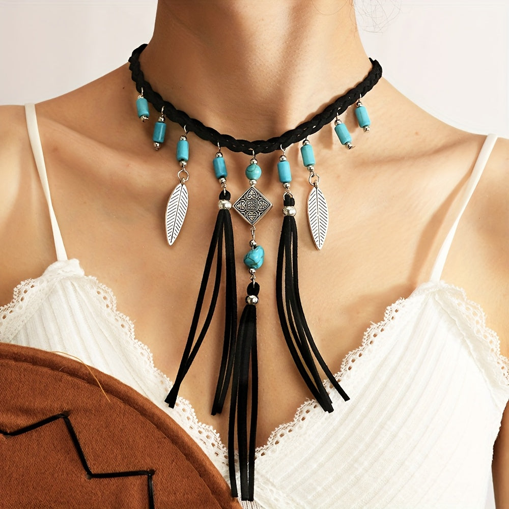 Beads Silver Feather Tassel Necklace