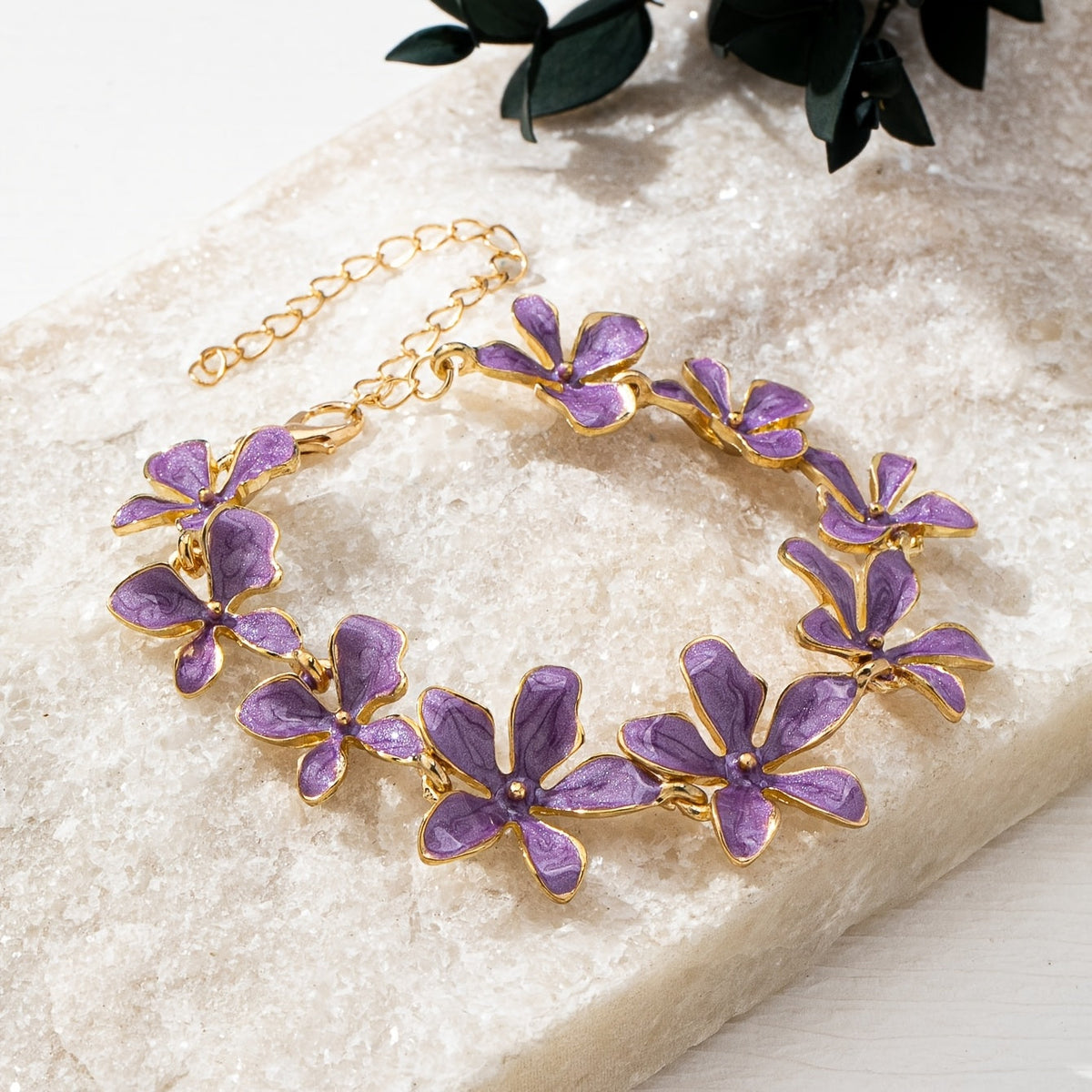 Purple Enamel Flowers Gold Plated Bracelet