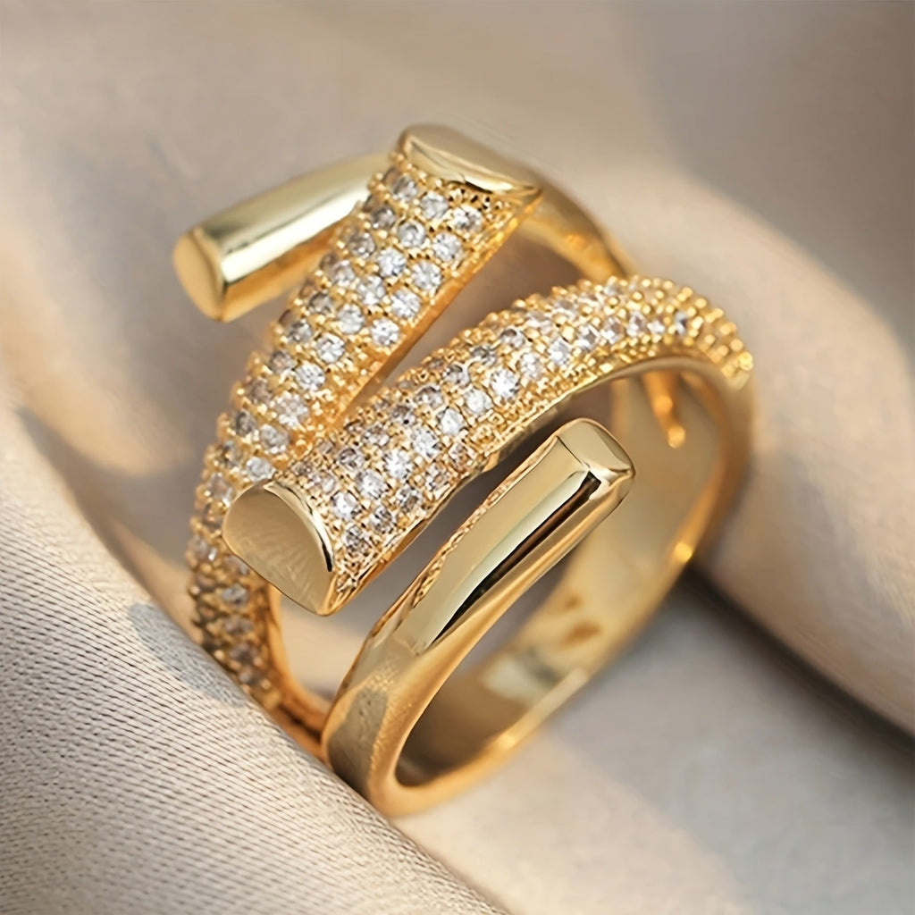 Classic Wide Gold Inlaid Zirconia Adjustable Open Band Ring
