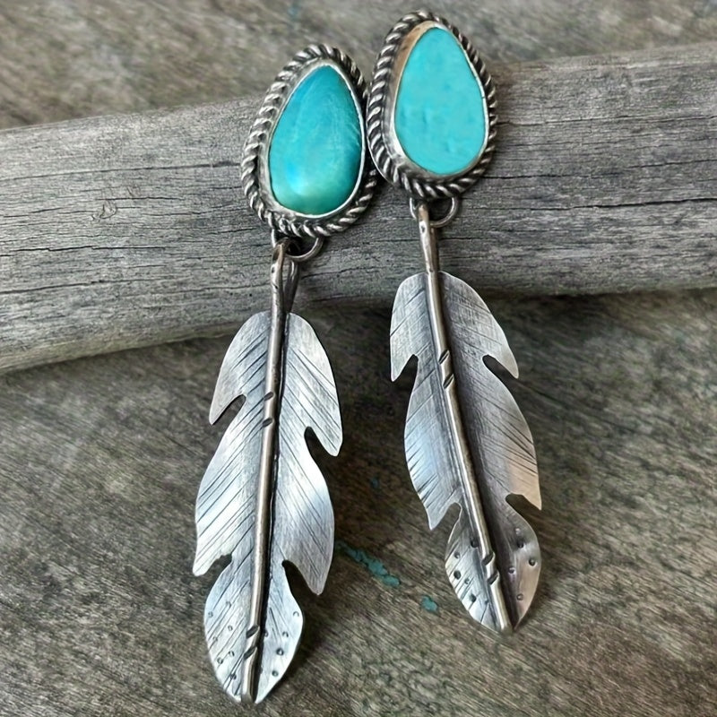 Retro Tribal Turquoise Feather Drop Earrings