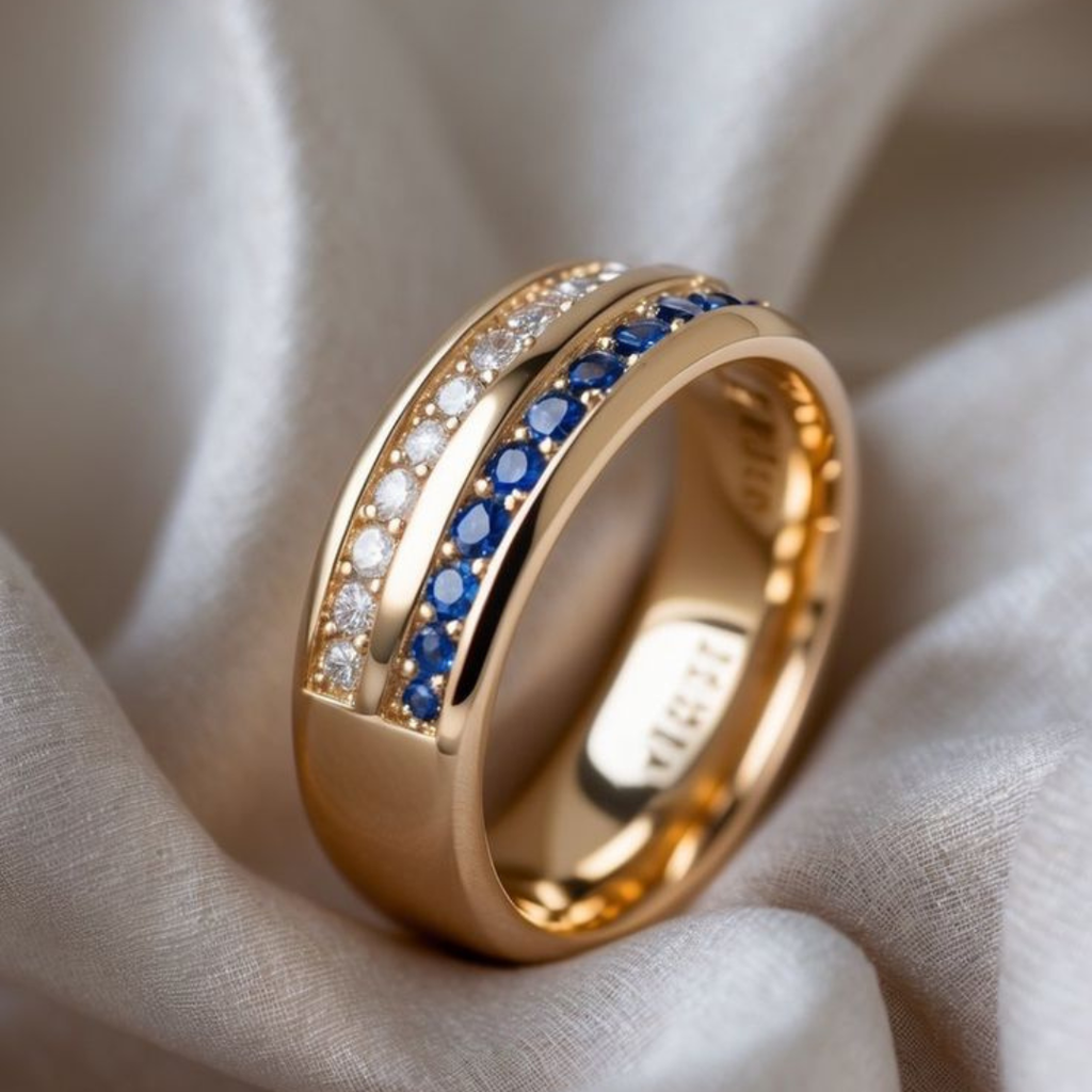 Elegant Double Row Blue Crystal Gold Plated Band Ring
