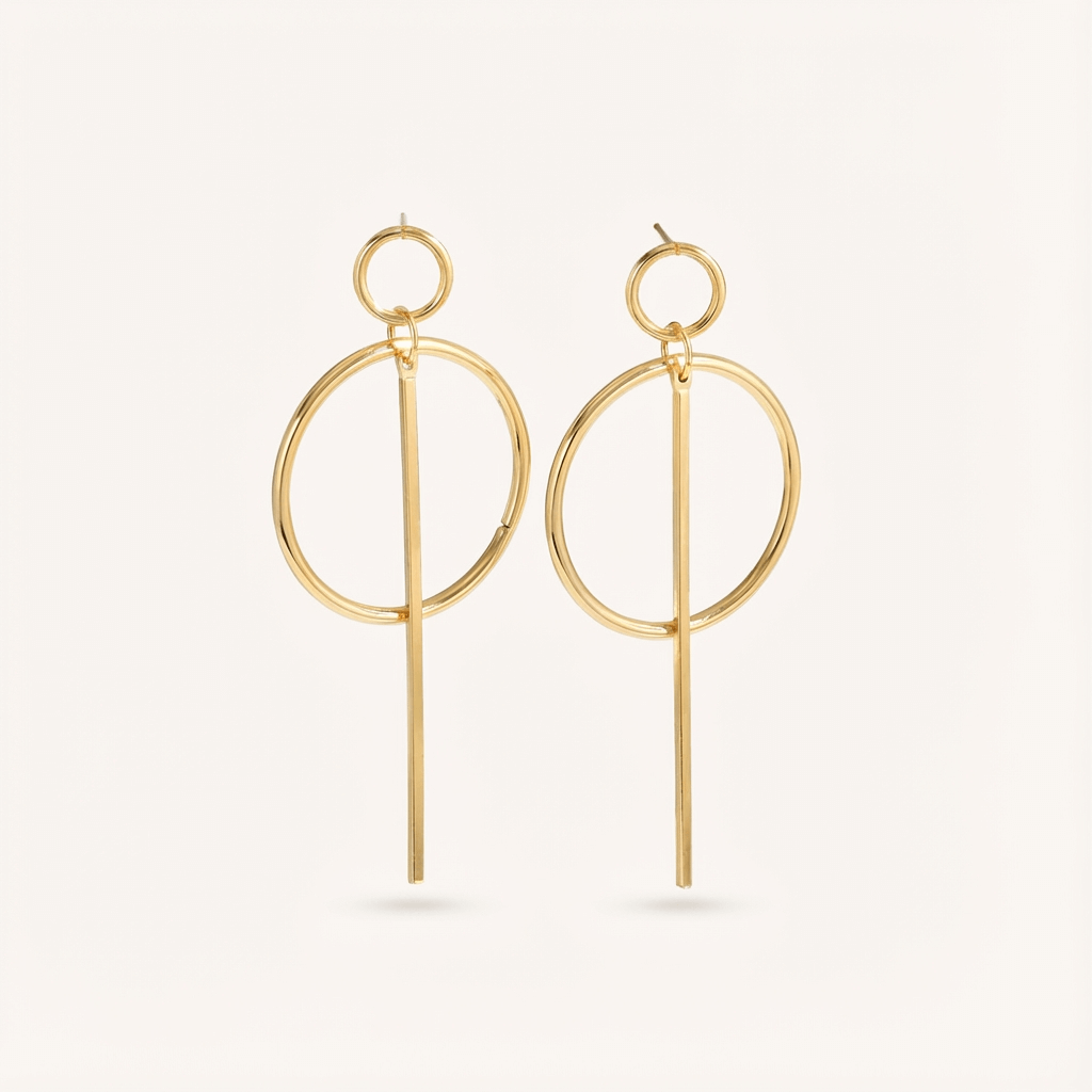 Modern Linear Style Gold Plated Circle Drop Earrings