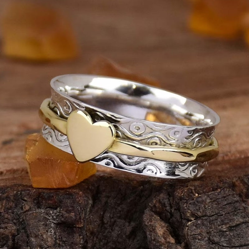 Vintage Two Tone Patterned Heart Spinner Ring