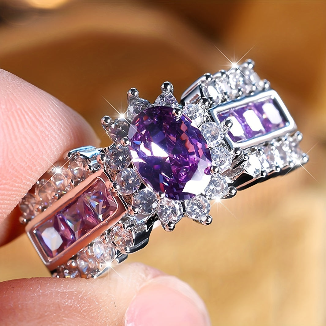 Silver Purple Oval Zirconia Stone Rings