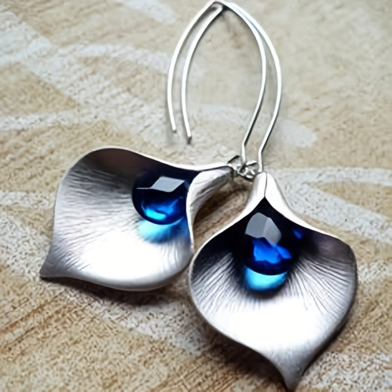 Elegant Blue Rhinestone Petal Drop Earrings