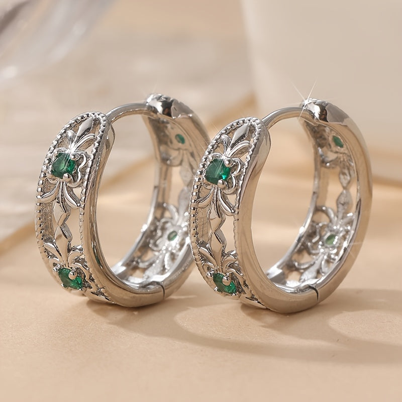 Hollowed Carved Design Green Zirconia Earring