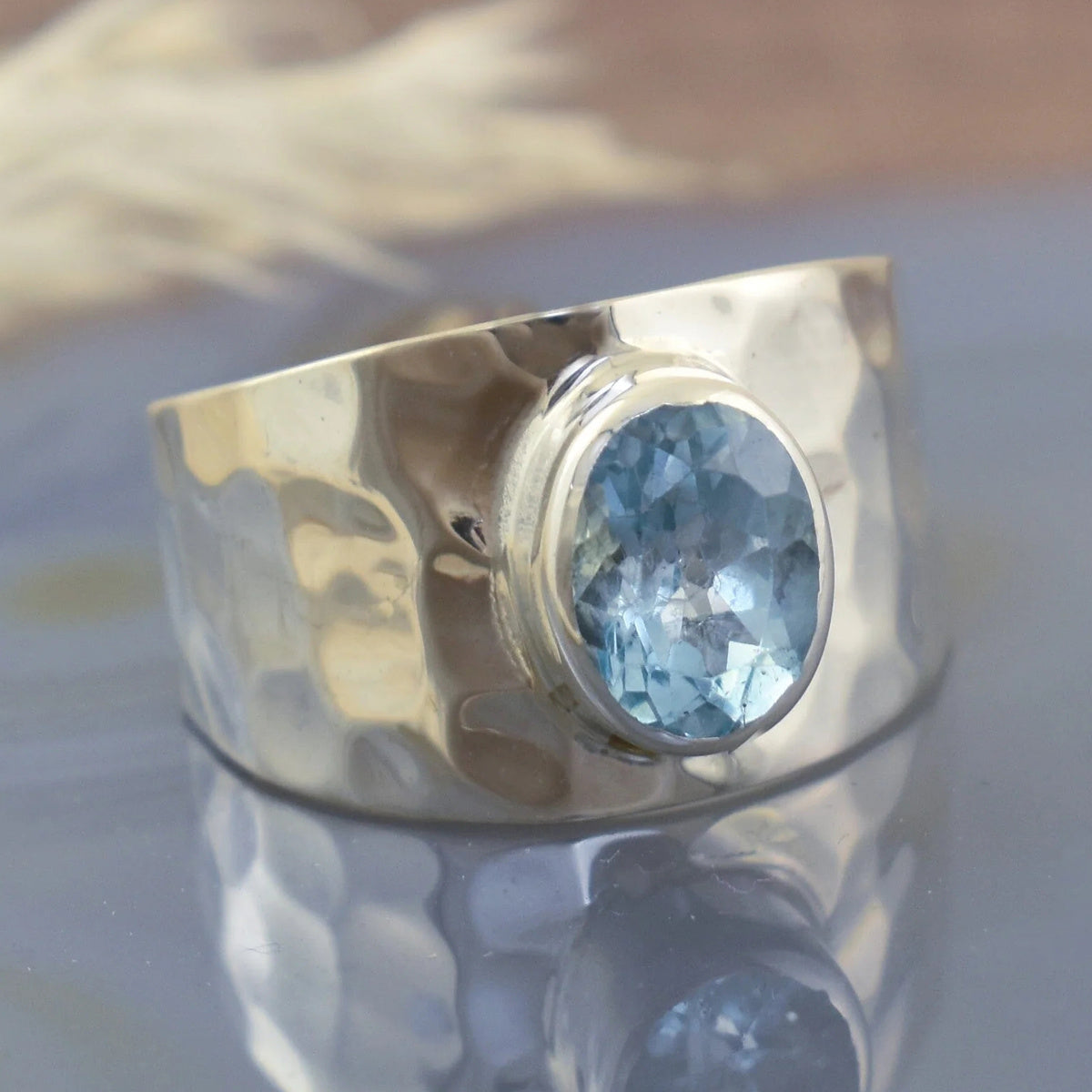 Bohemian Vintage Hammered Light Blue Zircon Ring