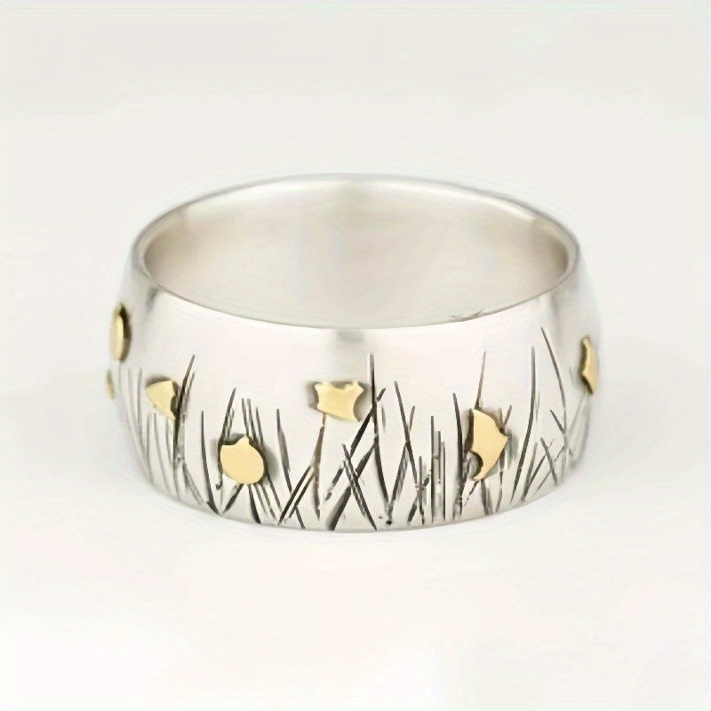 Retro Ethnic Style Flower and Grass Two-Tone Ring