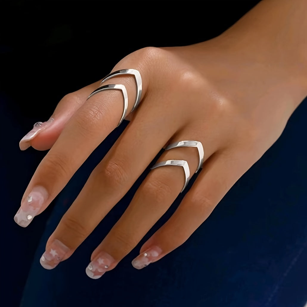 Silver Double-Layer V-Shape Adjustable Statement Ring