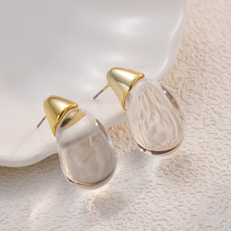 Elegant Clear Teardrop Glass Earrings with Gold Tone Caps
