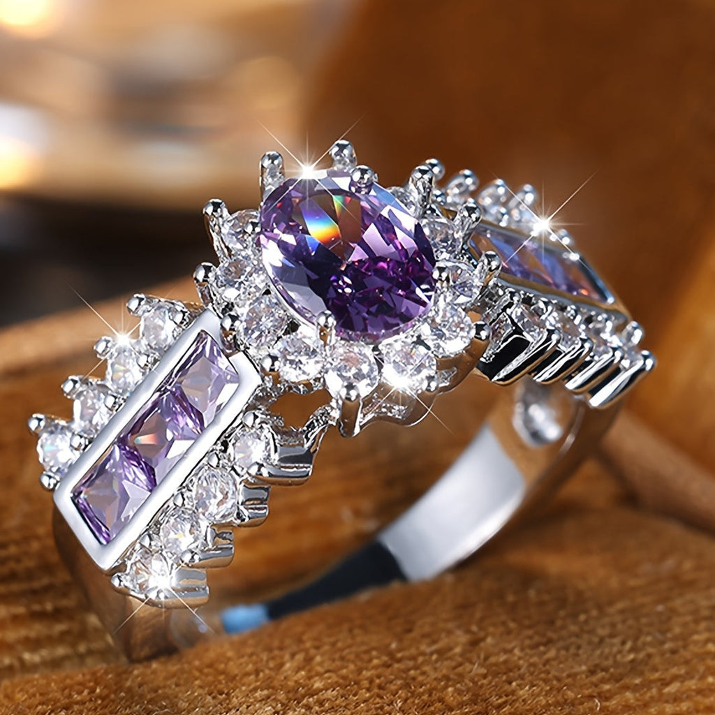 Silver Purple Oval Zirconia Stone Rings