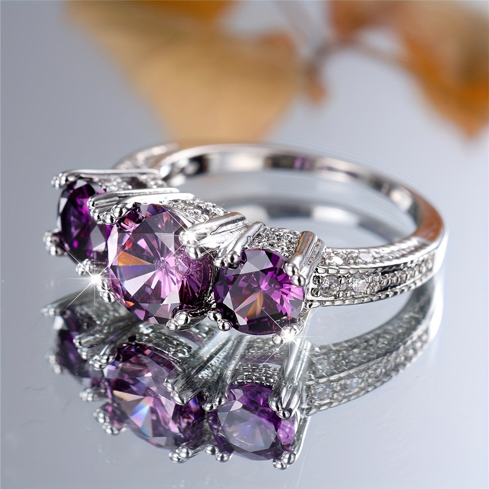 Three Stone Purple Round Zirconia Ring
