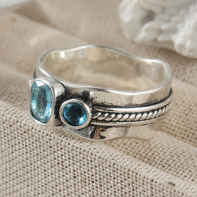 Minimalist Retro Design Geometric Blue Zirconia Ring