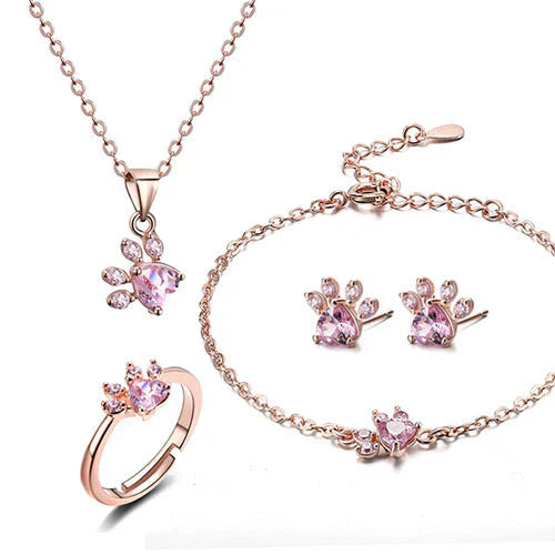 Arbour -4-Piece Jewelry Set in Rose Gold with Paw & Zirconia Heart