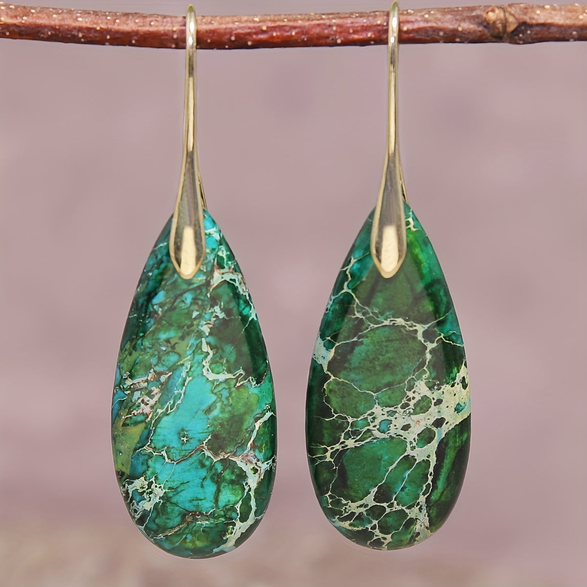 Bohemian Green Natural Stone Teardrop Earrings