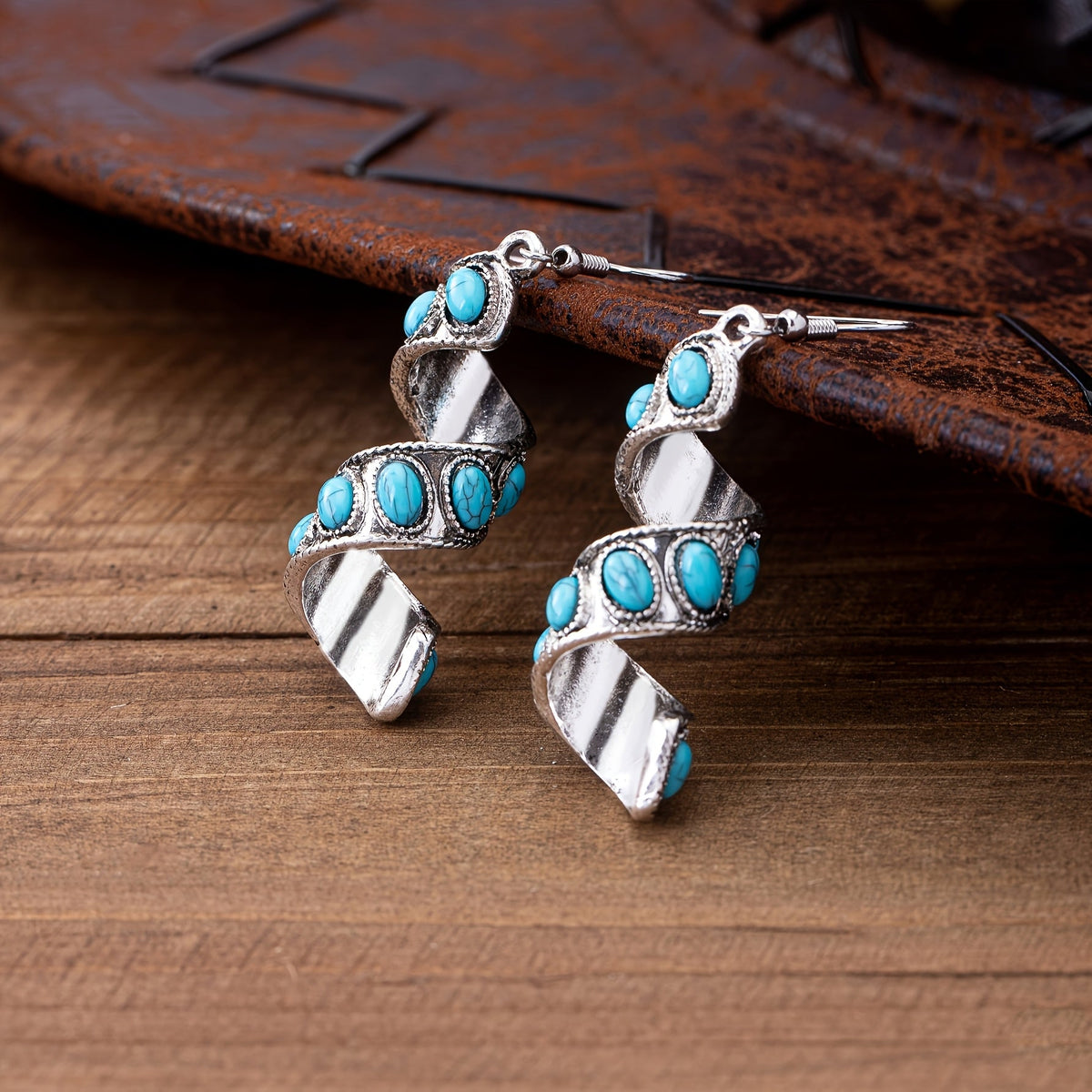 Bohemian Spiral Design Turquoise Inlay Pendant Earrings
