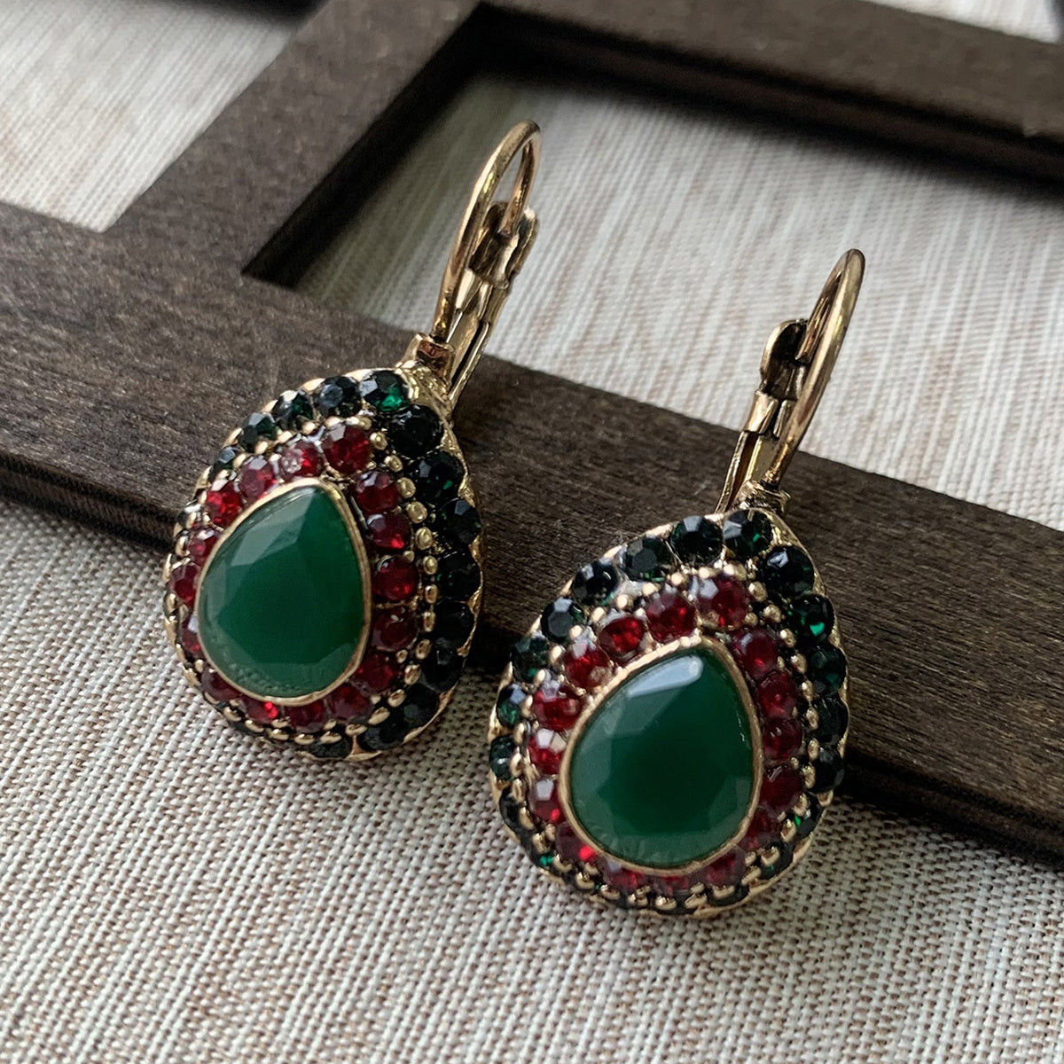 Vintage Turquoise Rhinestone Teardrop Resin Earrings