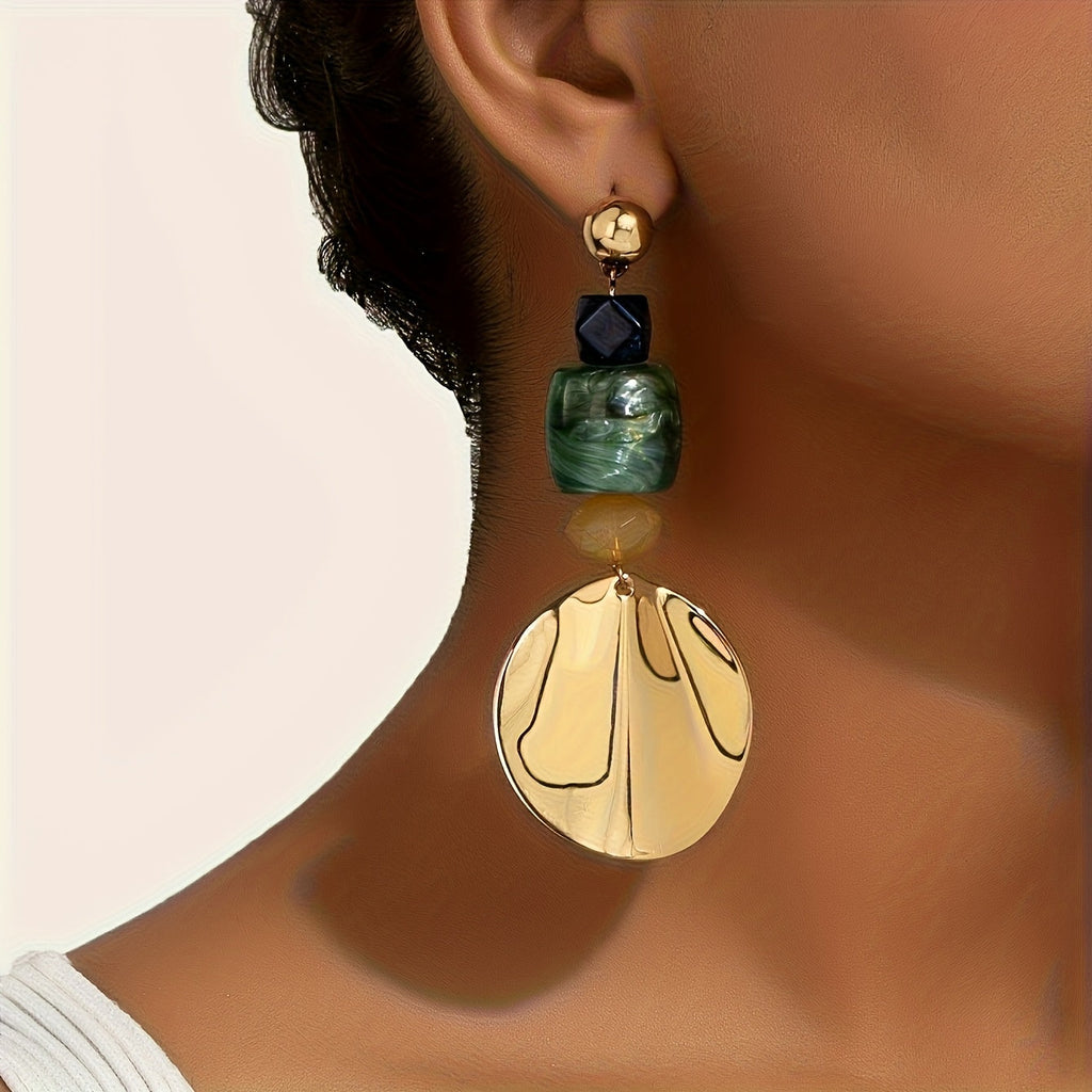Gold Shell Disc & Green Stone Statement Drop Earrings