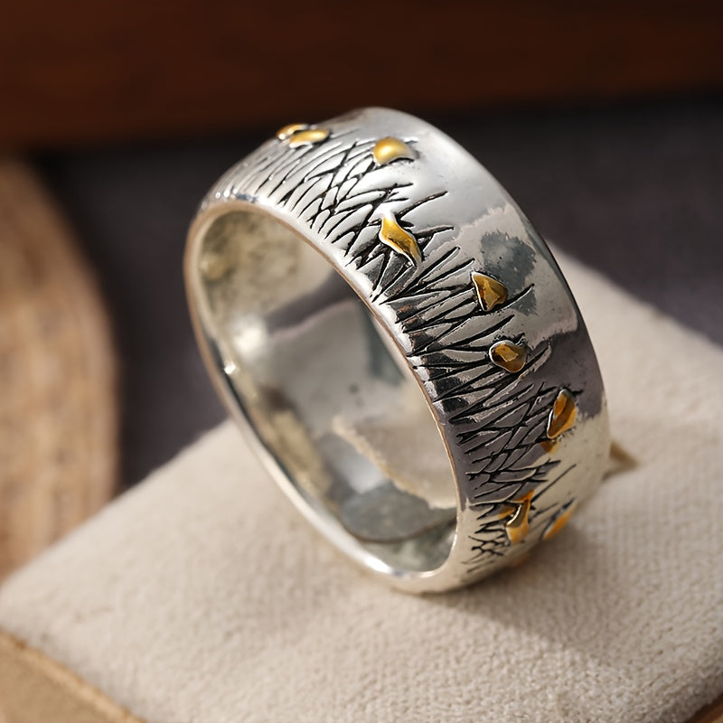 Retro Ethnic Style Flower and Grass Two-Tone Ring
