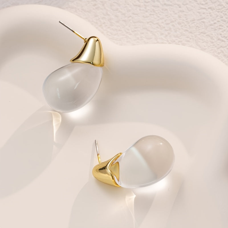 Elegant Clear Teardrop Glass Earrings with Gold Tone Caps