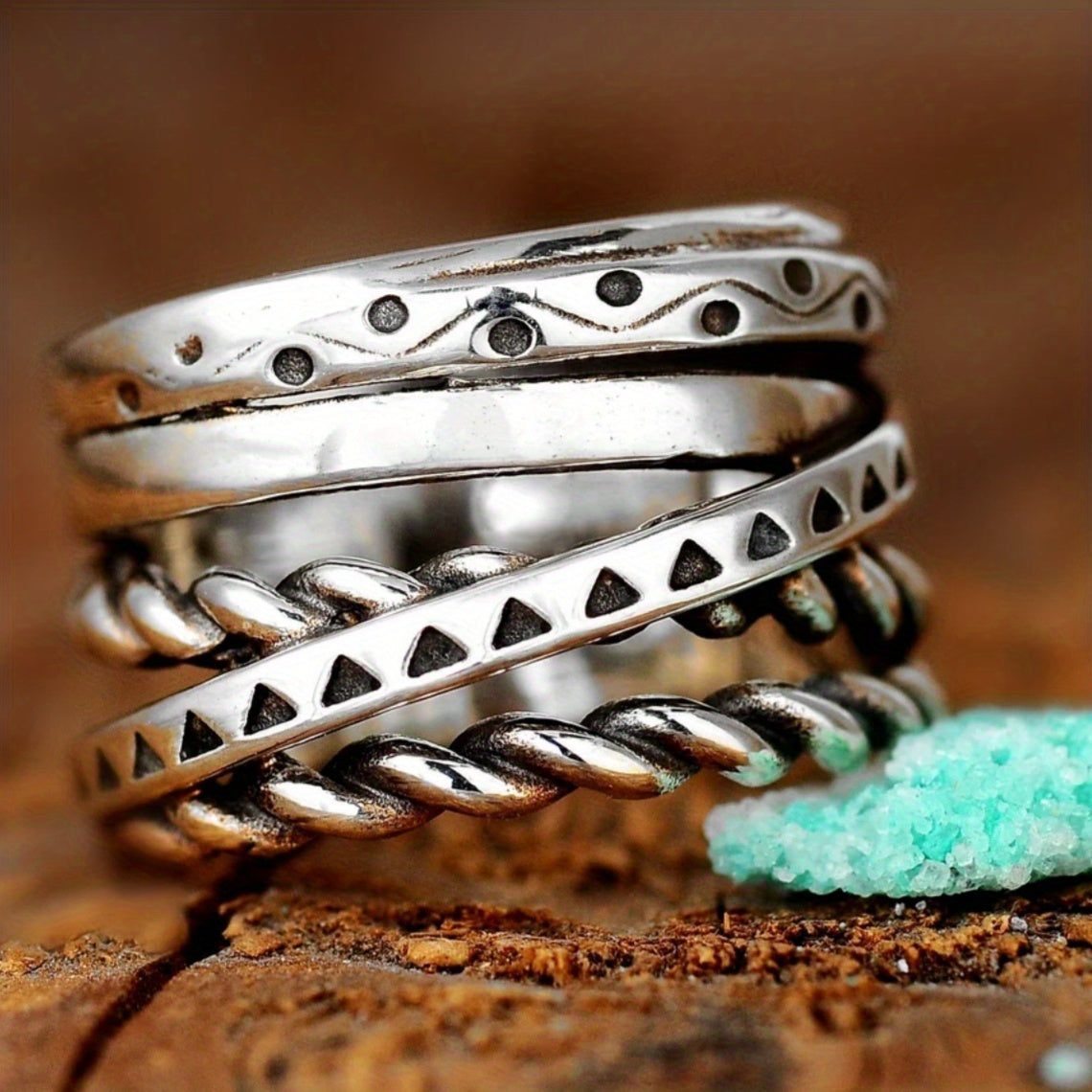 Vintage Pattern Multilayer Line Silver Plated Ring