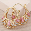 Pink Floral Gold Plated Hoop Earrings