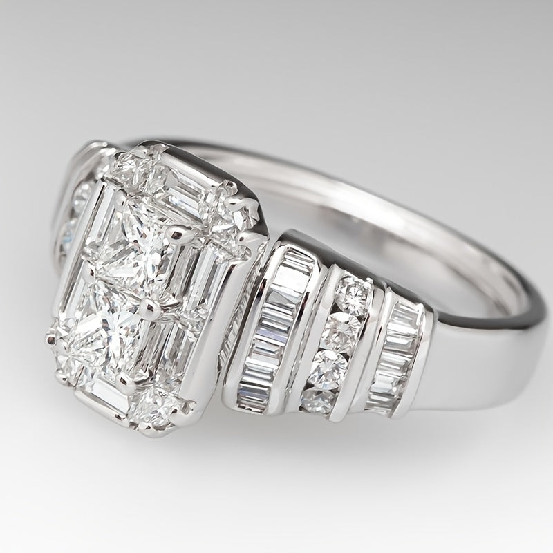 Elegant Silver Plated Bridal Style Square Zirconia Ring